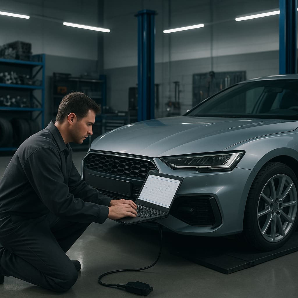 Moderne Tuning-Werkstatt mit Diagnoselaptop am Fahrzeug