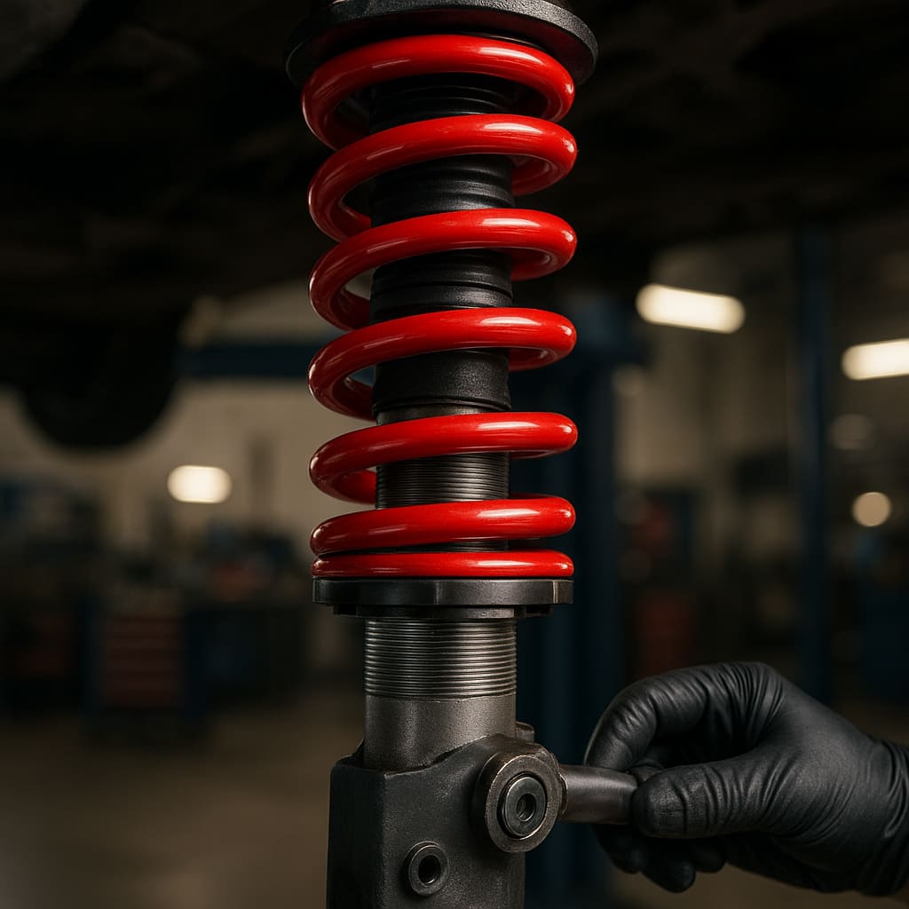 Coilover Fahrwerkseinbau in Nahaufnahme